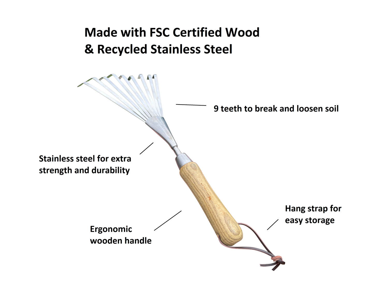 Stainless Steel Garden Hand Rake (classic wood handle)