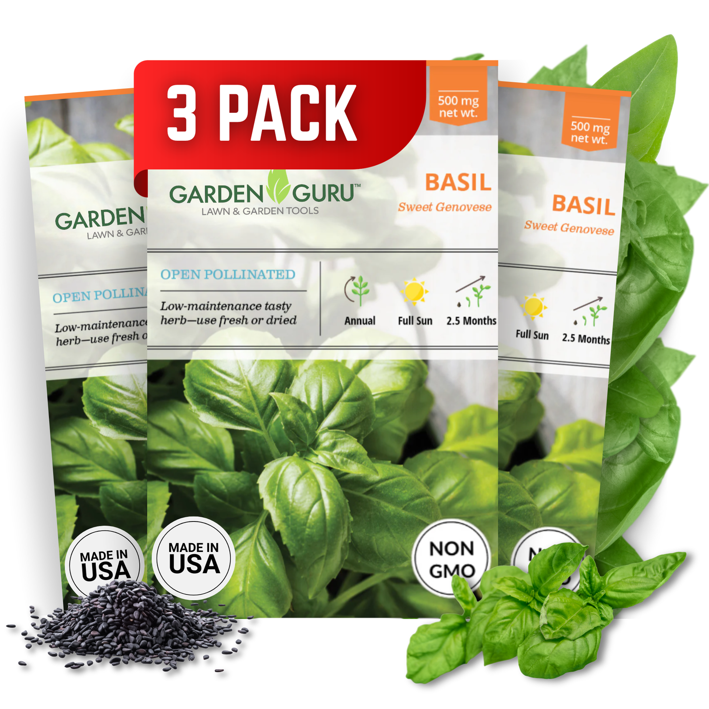 Garden Guru Genovese Sweet Basil Seeds 3-Pack - Non-GMO